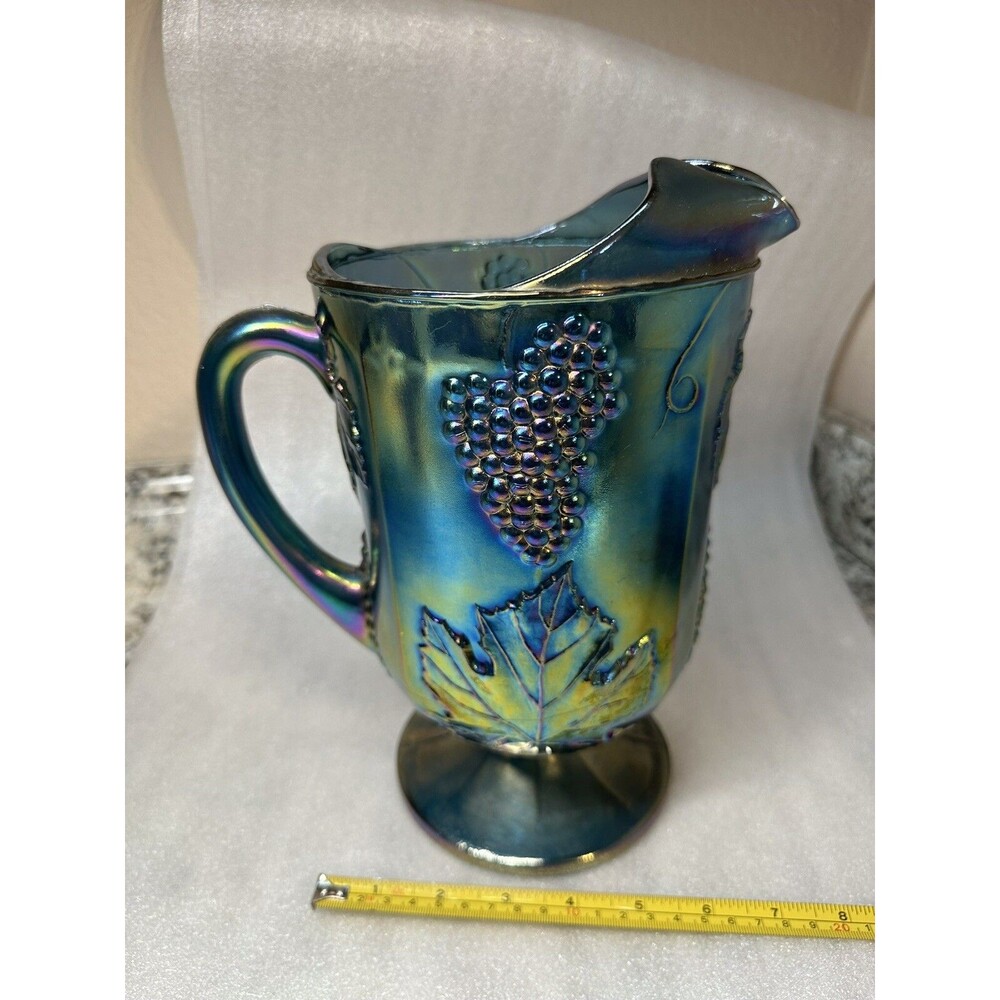 Vtg Indiana Carnival Glass Pitcher Blue Harvest Grape Vine Iridescent Pitcher